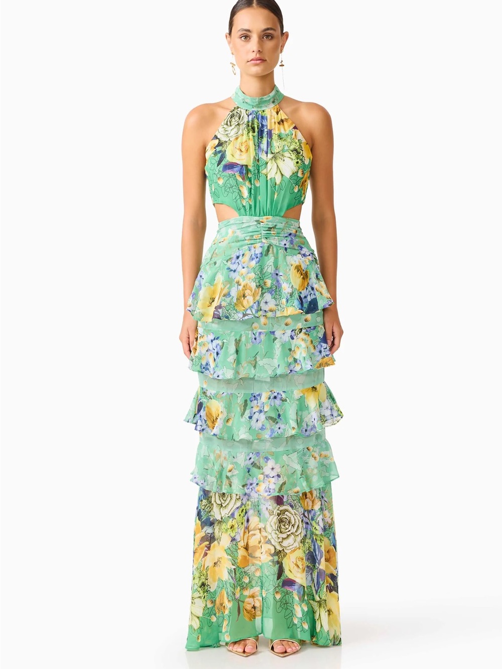 Elliatt Mint Green Floral Halter Tiered Maxi Dress